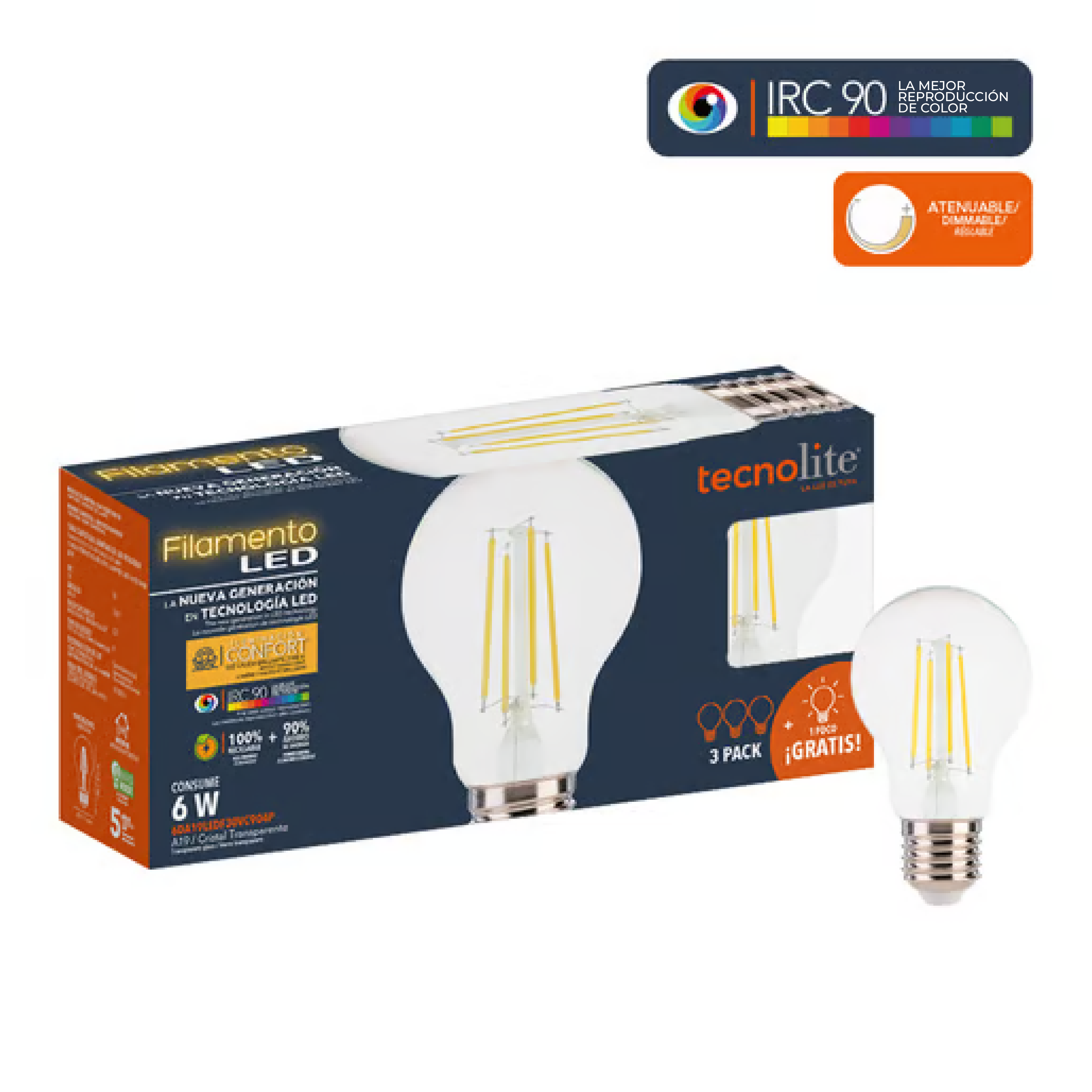 [B000791] BOM. FILAMENTO ATENUABLE 6W 3000K E27 3PACK(4X3) TECNOLITE