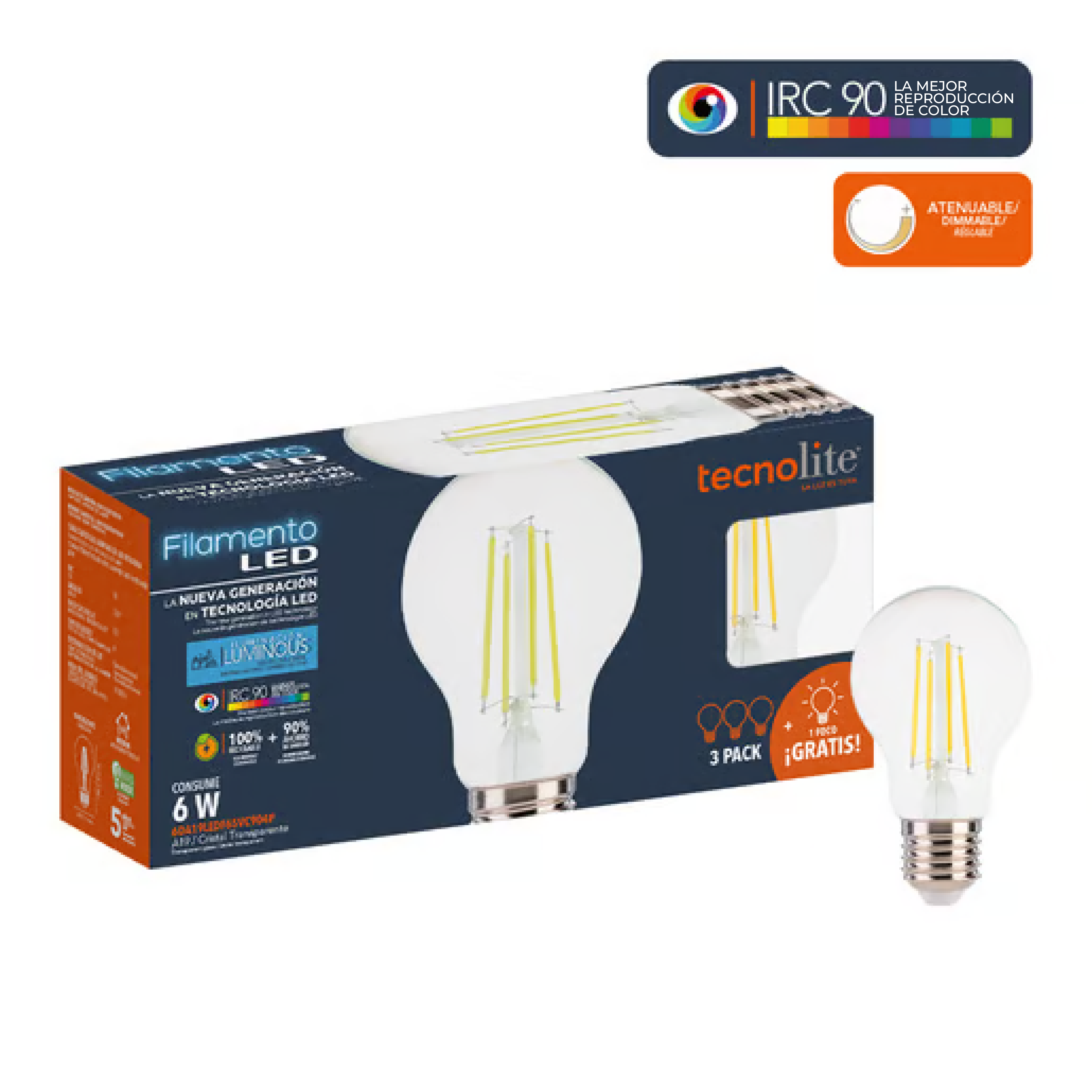 [B000792] BOM. FILAMENTO ATENUABLE 6W 6500K E27 3PACK(4X3) TECNOLITE